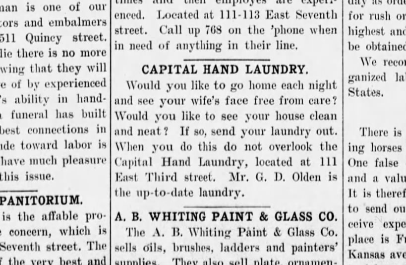 Advertisment for Capital Hand Laundry owned by George D Olden