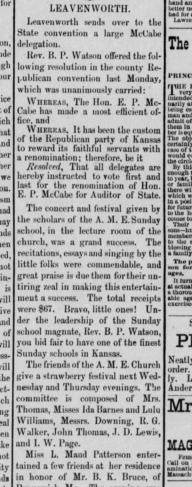 Ida Barnes and (Richard J.) Downing mentioned in Leavenworth, KS. newspaper in 1884