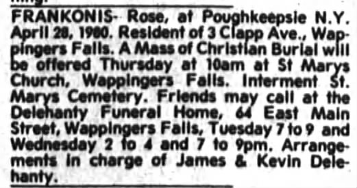 Rose Frankonis Obit; 28 Apr 1980; Poughkeepsie, NY