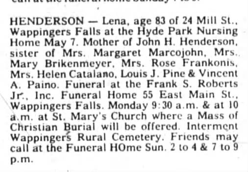 Lena Paino Henderson Obit; 7 May 1976; Poughkeepsie, NY