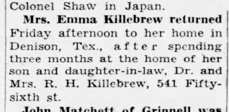 1948 Apr Bob's mother, Emma Fields Killlebrew, visits them for 3 months.