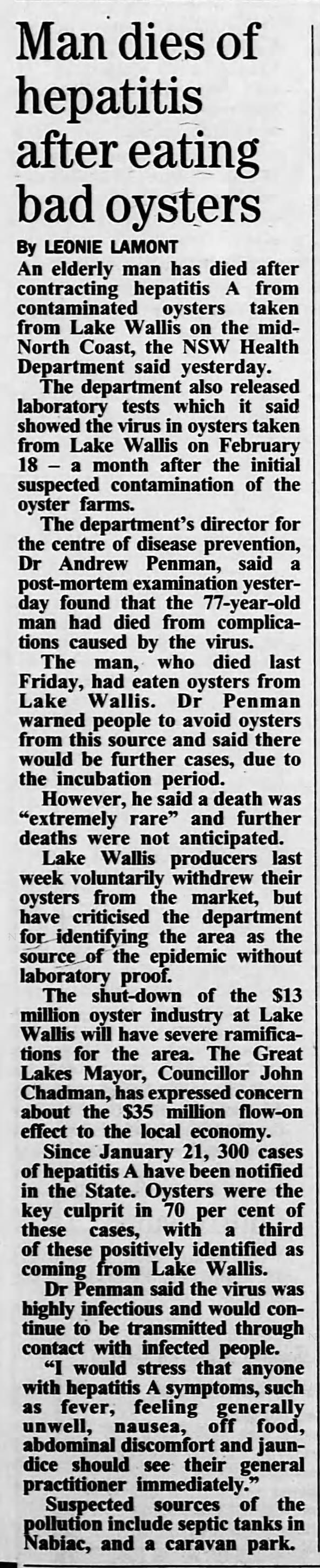 Man dies of hepatitis after eating bad oysters