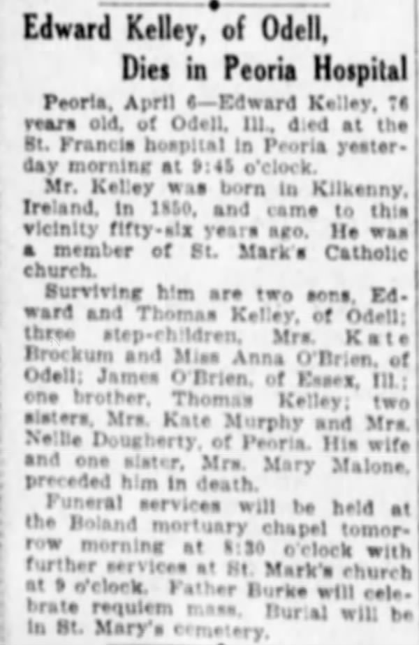 Edward Kelley (sp. Kelly) obituary
