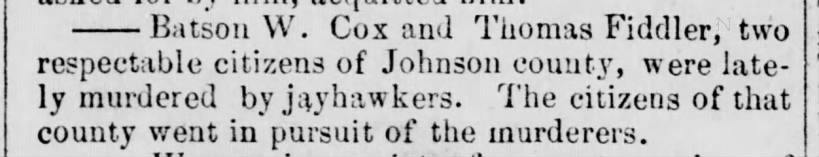 Batson W Cox & Thomas Fiddler Murdered, The True Democrat, May 27, 1863, pg1
