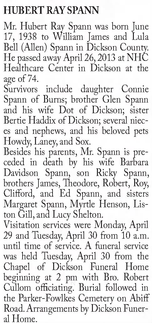 Obituary for HUBERT RAY SPANN