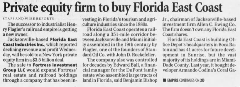 Private equity firm to buy Florida East Coast