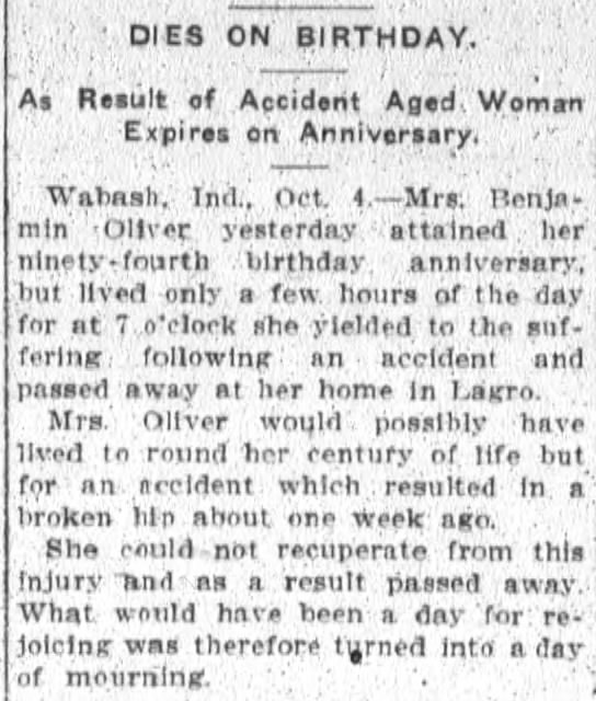Mrs. Benjamin Oliver dies on  her birthday Oct 4 1911 - Fort Wayne Sentinel Page 7
