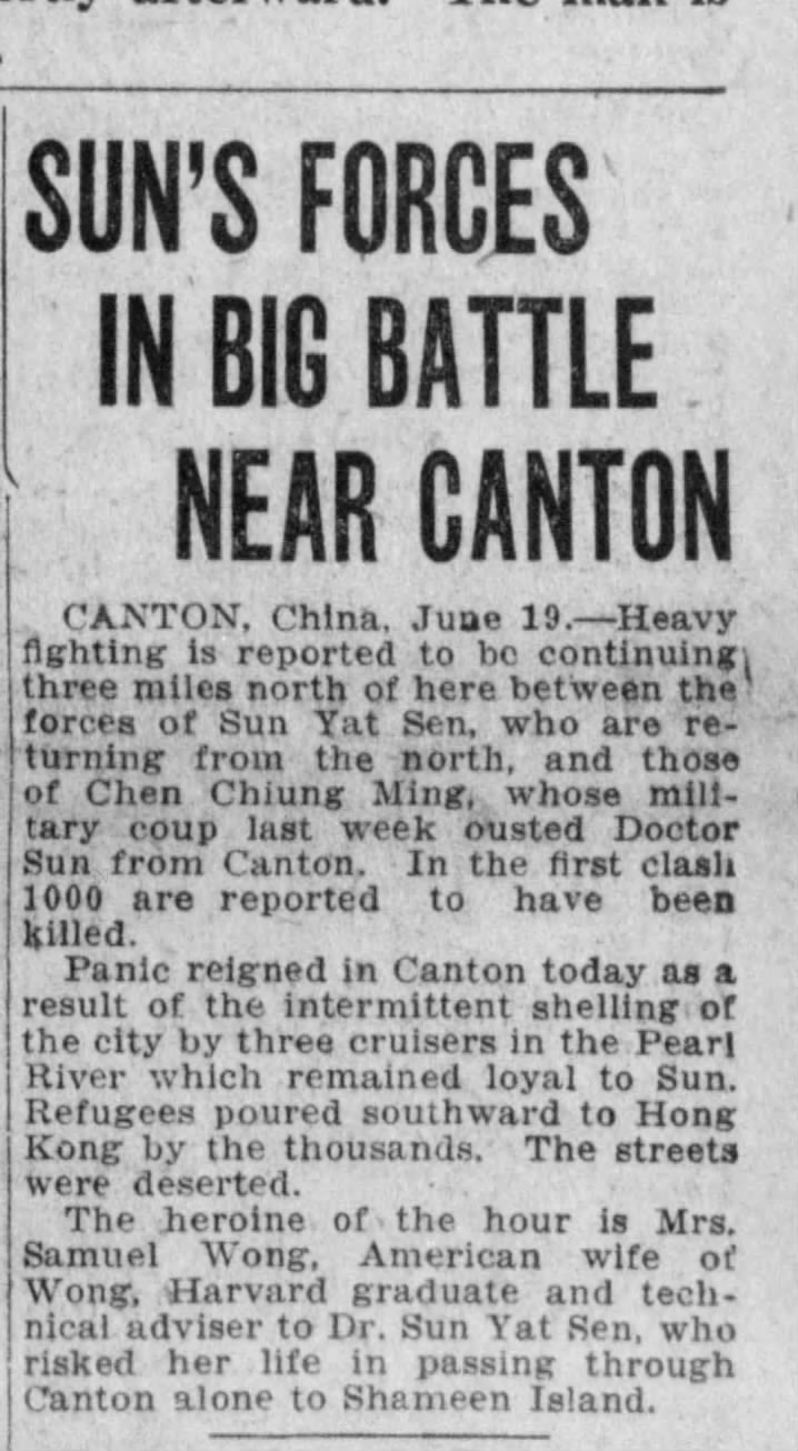 Mrs. Samuel Wong - Hero in Canton - June 19, 1922 Harrisburg PA Page 1