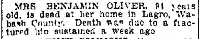 Mrs. Benjamin Oliver died at age 94 from broken hip October 4 1911