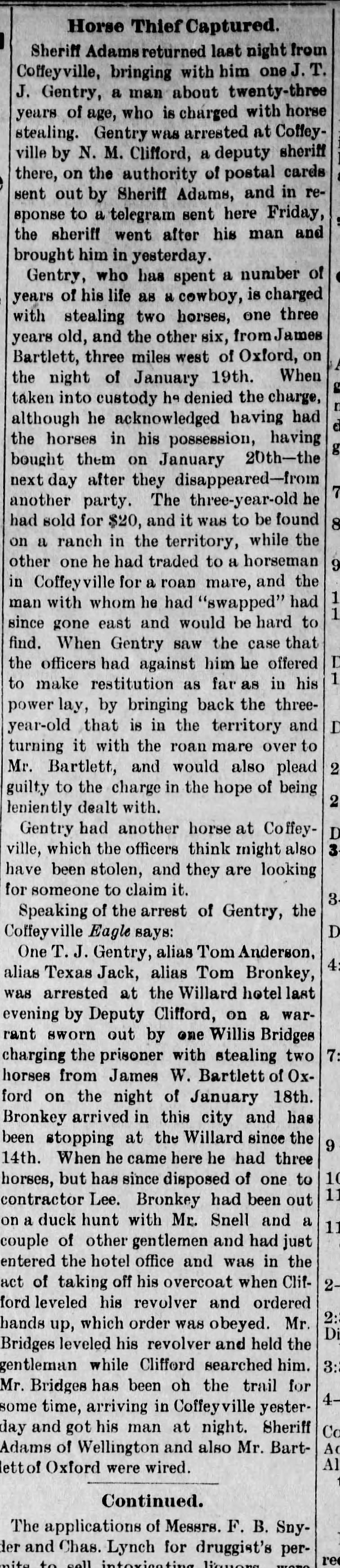 Horse thief who had stole 6 horses from J.W. Bartlett captured