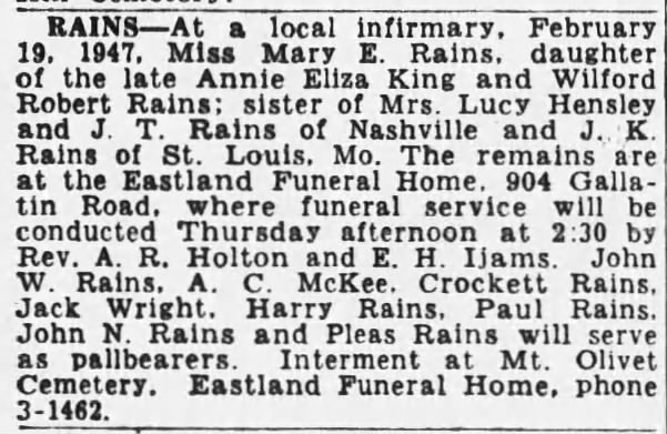 Mary E Rains obituary
