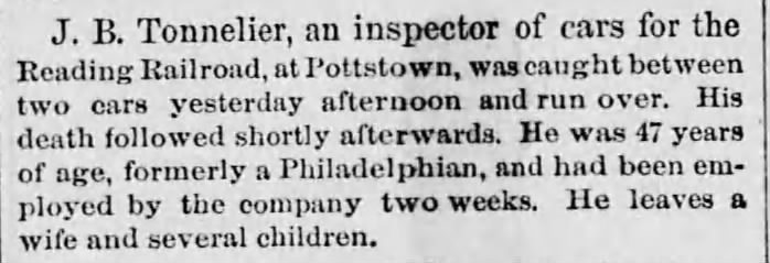 Philadelphia, Pennslvania, The Times, 12 June 1878.  Death of J.B. Tonnelier
