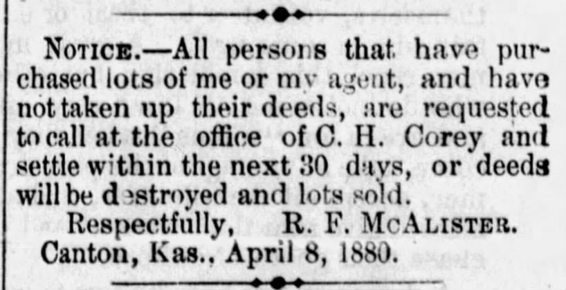 R F McAlister Canton Kansas Canton Monitor April 8, 1880