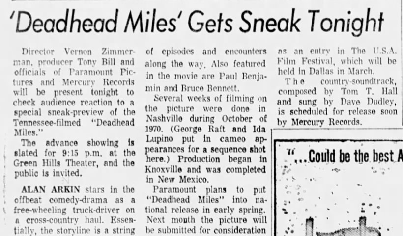 Deadhead Miles sneak preview - 28 Jan 1972
