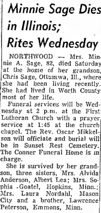 Obituary for Minnie A. Sage (Aged 82)