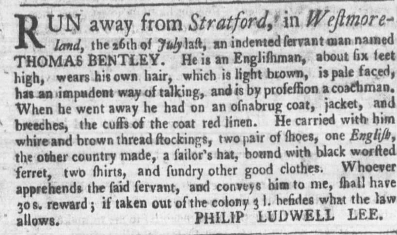Runaway indentured servant - Stratford - Philip Ludwell Lee - 30 Aug 1770