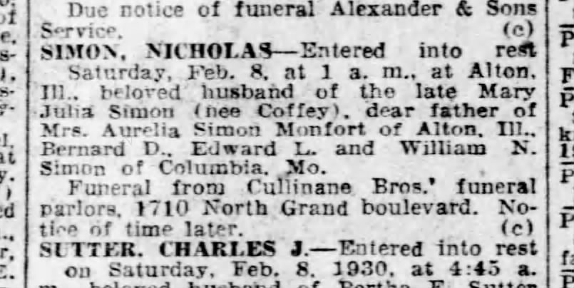 Nicholas Simon, Obituary 8 Feb 1930