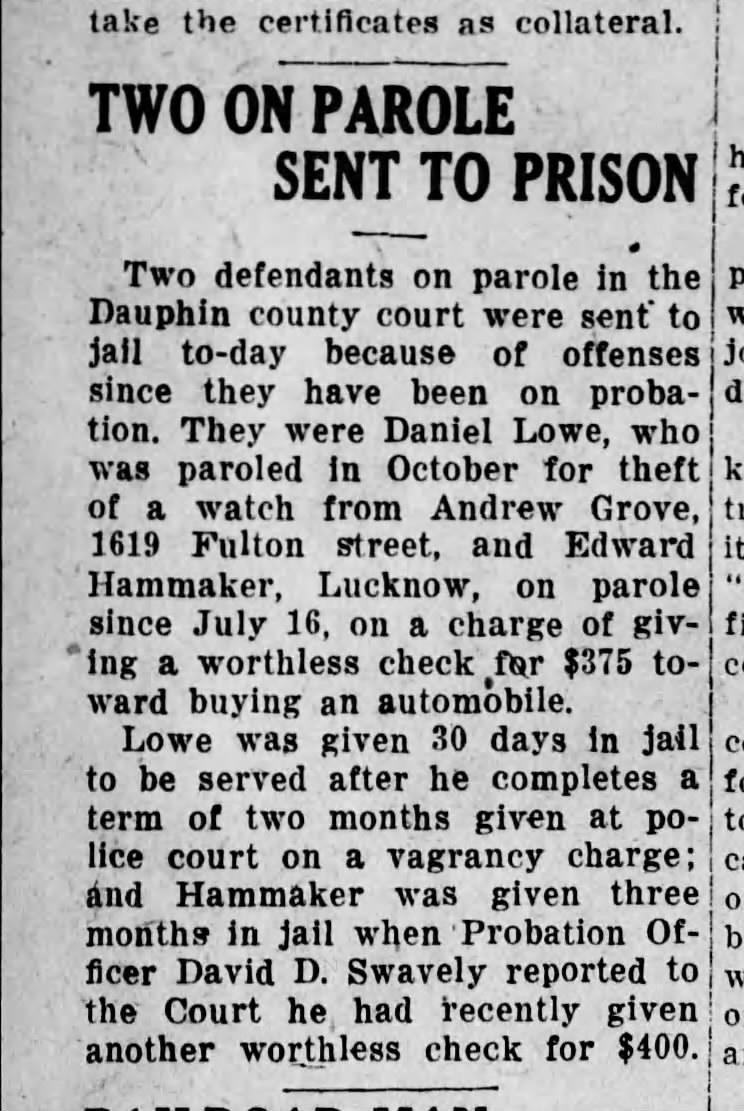 edward hammaker daniel lowe parole 1927