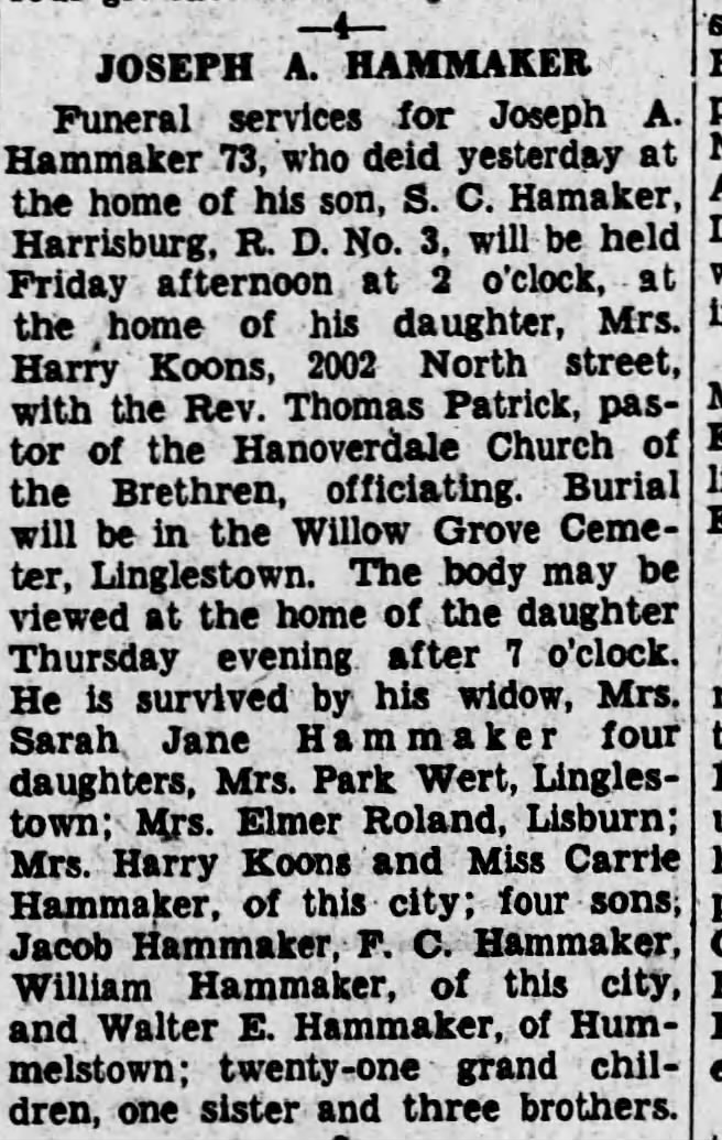 joseph a hammaker 1931 obit wife sarah jane willlow grove burial