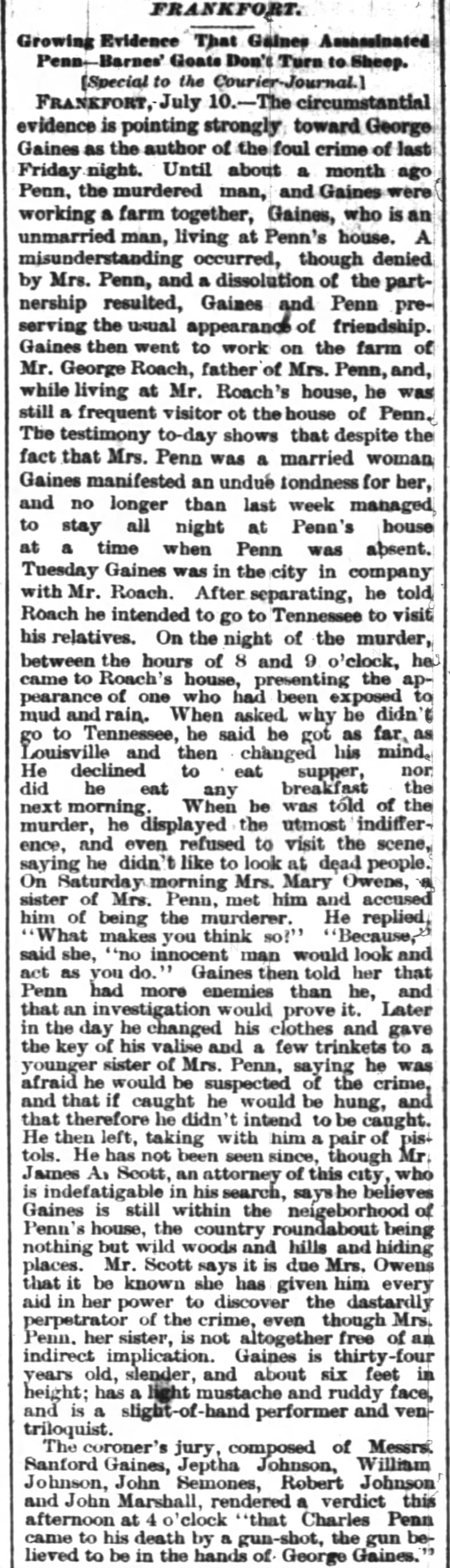 More trial info re murder of Chas R Penn Courier-Journal Louisville, KY 11 July 1882