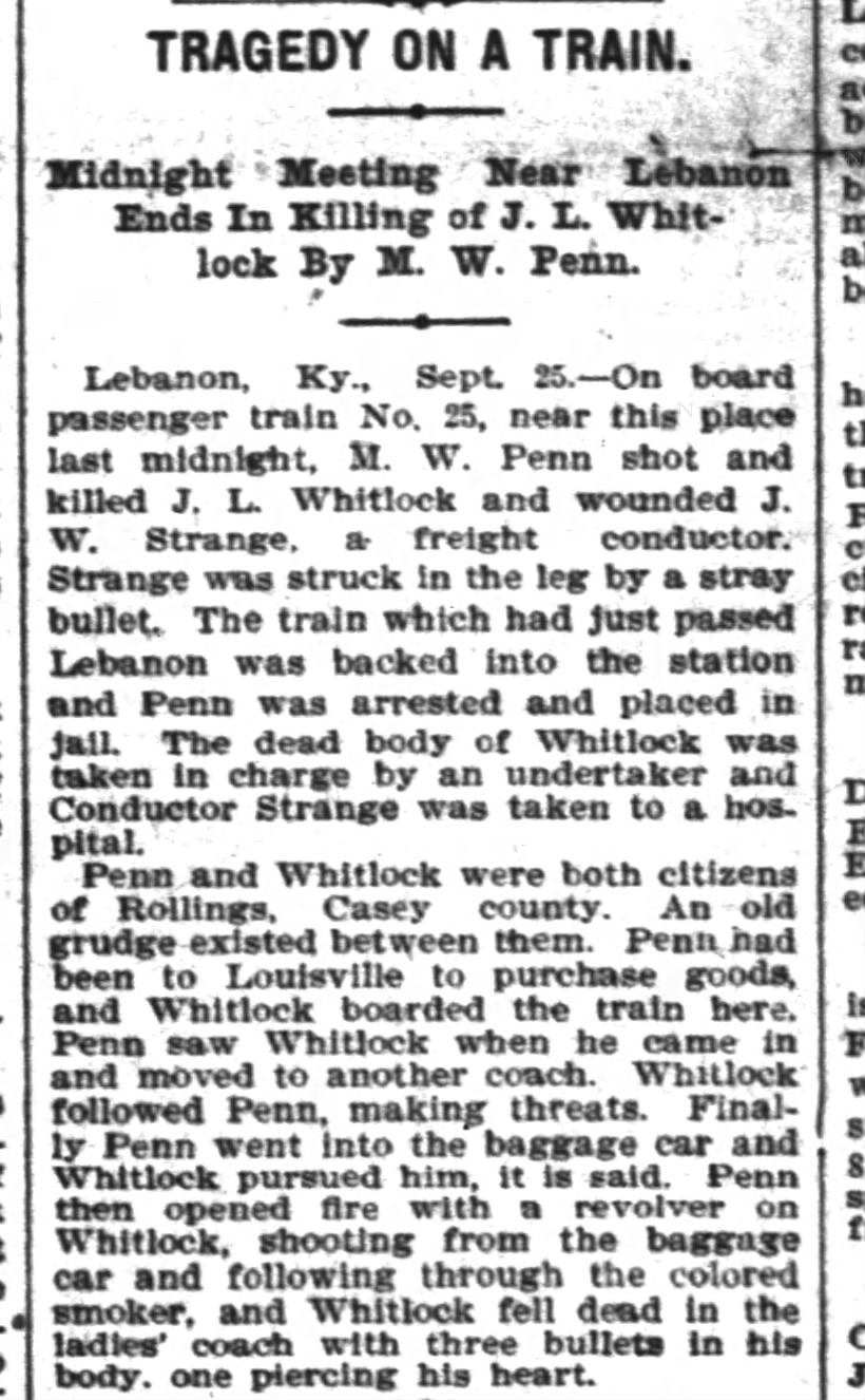 M W Penn kills Whitlock Courier-Journal 26 Sept 1900