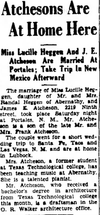 James E and Lucille Atcheson wedding news sory