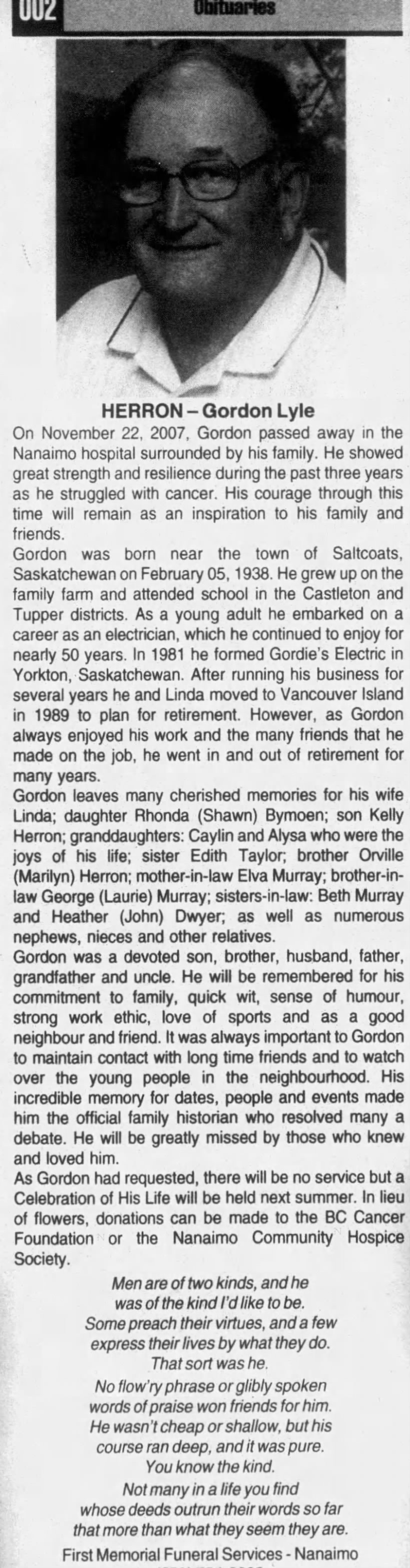 Obituary for H ERRON-Gordon Lyle