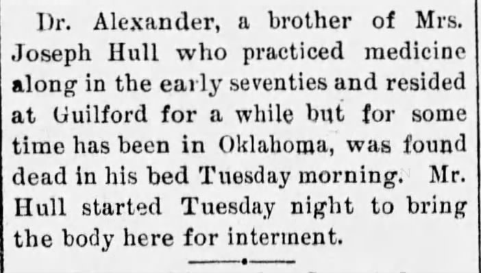 Obituary Dr. Marcellus Alexander died 30 Apr 1901 in Oklahoma burial in KS