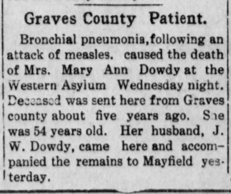 Mary Ann Patterson Dowdy, Obituary 1911