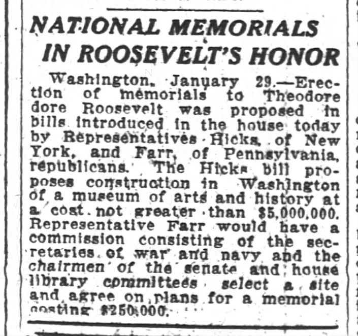 1919-01-30 FARR REPRESENTATIVE - NATIONAL MEMORIALS IN ROOSEVELTS HONOR