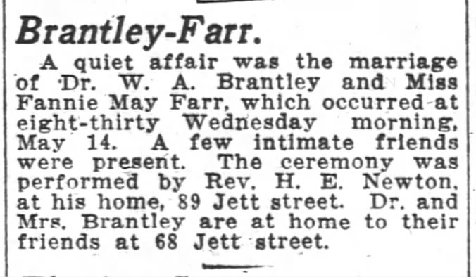 1919-05-18 FARR FANNIE MAY MARRIAGE TO DR W A BRANTLEY