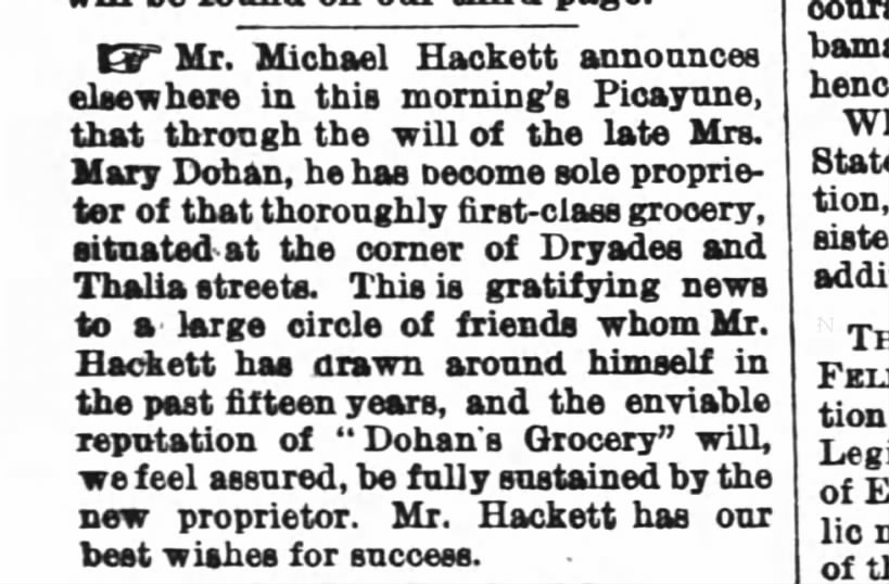 29 Jan 1871_Michael Hackett_Inherits Grocery Store