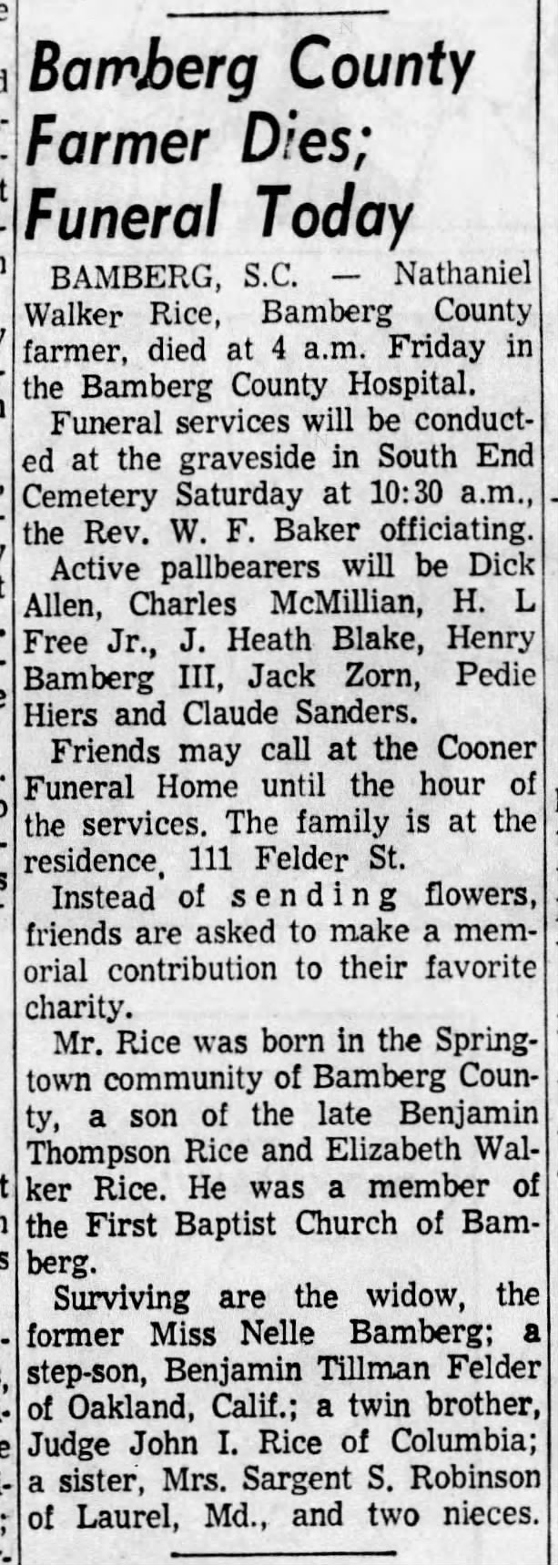 Bamberg County Farmer Dies Funeral Today (Saturday, 6 October 1962, page 10, column 2)