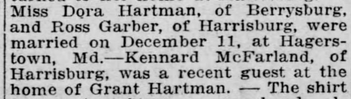 Berrysburg: Dora Hartman and Ross Garber married (Saturday, 16 December 1916, page 4, column 5)