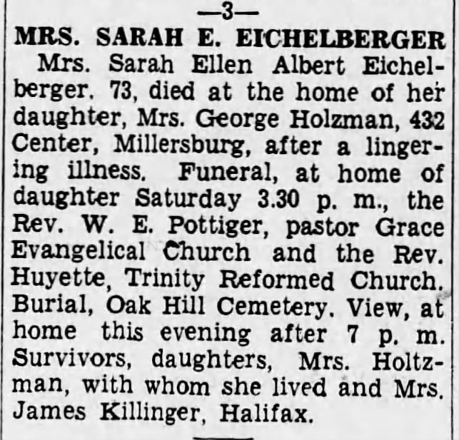 OBITUARY: MRS. SARAH E. EICHELBERGER (Friday, 29 June 1934, page 11, column 3)