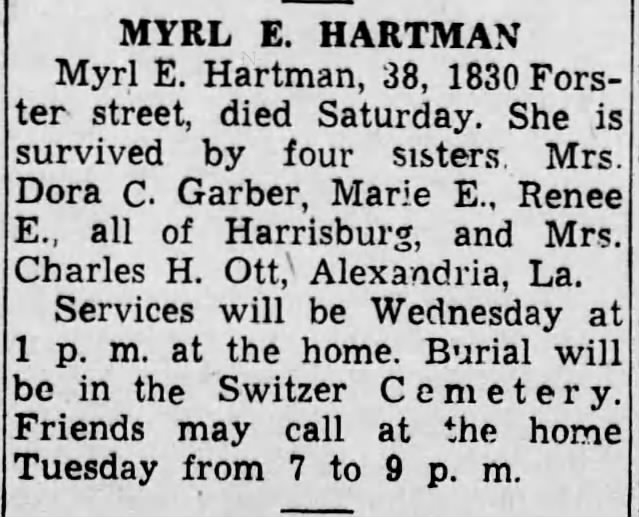 OBITUARIES: MYRL E. HARTMAN (Monday, 3 August 1942, page 2, column 5)