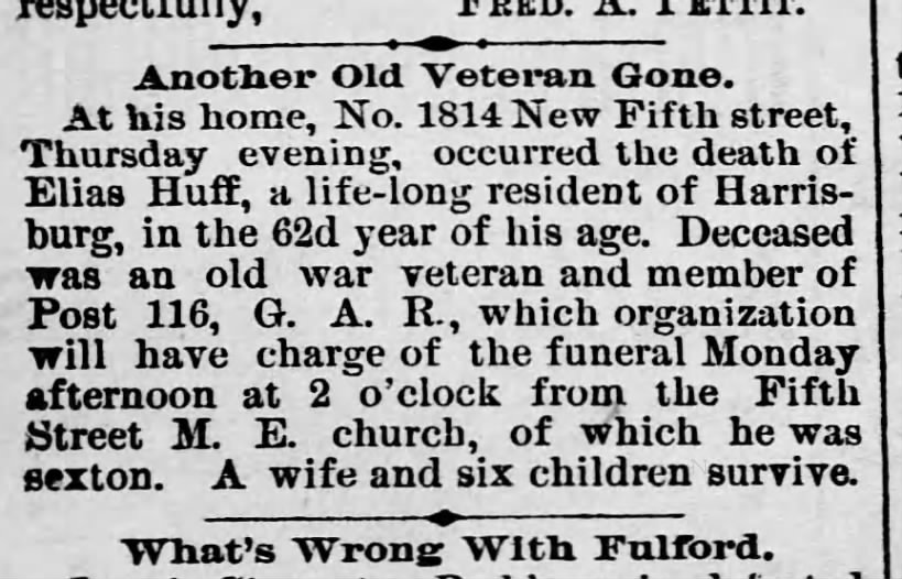 Another Old Veteran Gone Elias Huff (Saturday, 5 March 1892, page 1, column 1)