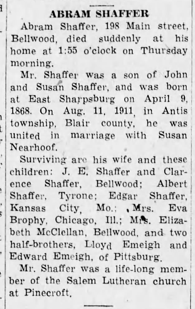 DEATHS ABRAM SHAFFER died Thursday (Saturday, 4 November 1939, page 10, column 6)