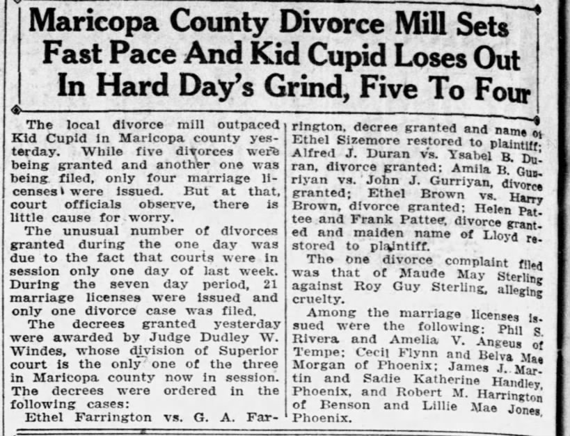 Divorce granted to Frank Pattee and Helen Pattee - 21 Jul 1924, Phoenix, Arizona
