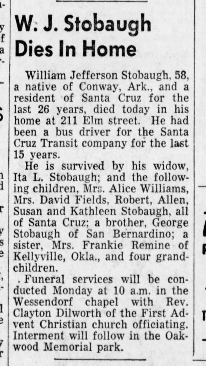 25 Jun 1959 Obituary William Jefferson Stobaugh