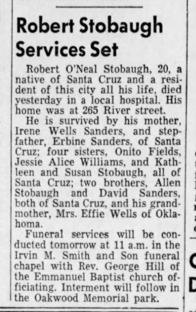 22 June 1960 Obituary Robert Oneal Stobaugh
