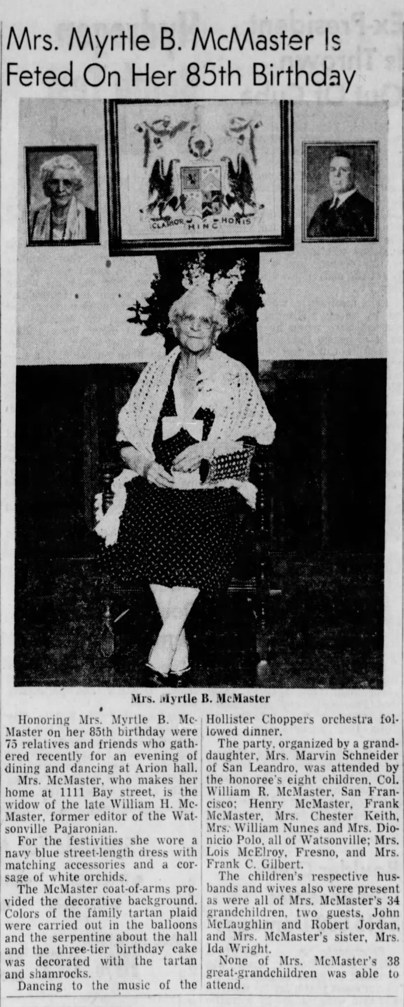 Myrtle Bishop McMaster 85 Birthday 10 May 1956