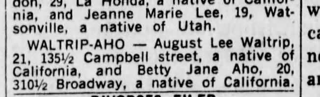 Marriage License August Lee Waltrip and Betty Jane Aho 17 Oct 1963