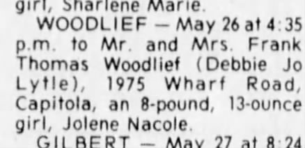Birth announcement for Jolene Nacole Woodlief 25 June 1982