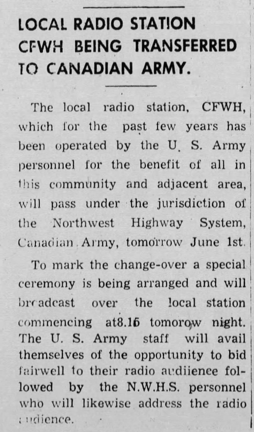 CFWH transferred to Canadian Army