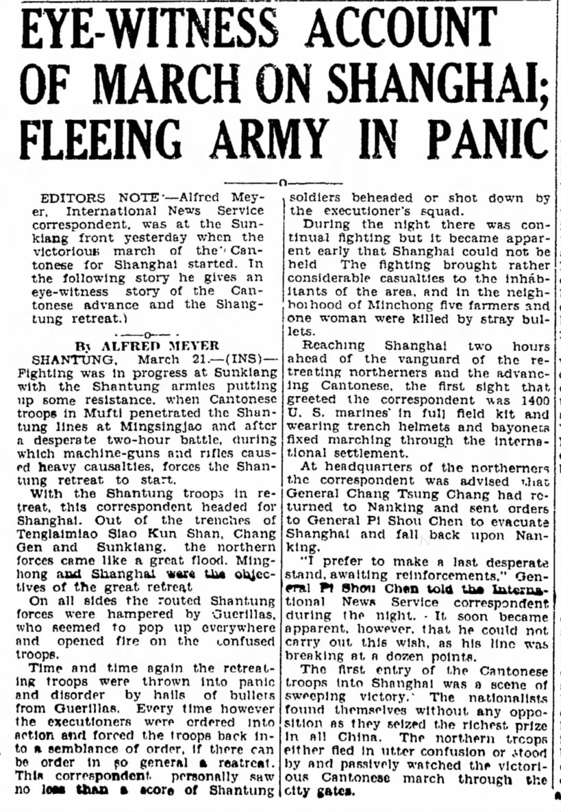 Eye-witness account of March on Shanghai Fleeing Army in Panic 