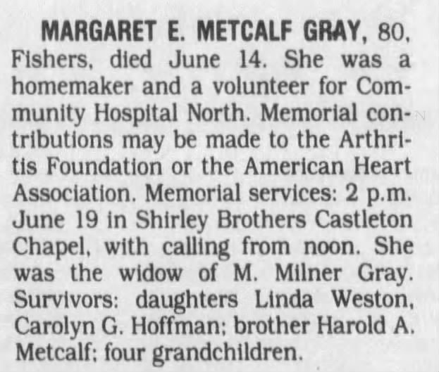 The Indianapolis Star, Tues., June 17, 1997, page 13; obituary