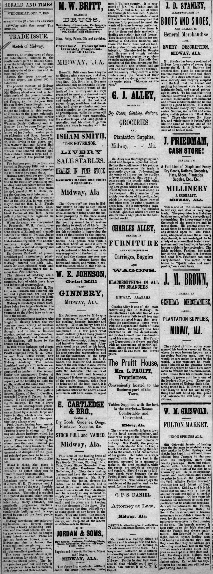1885 Oct. Newspaper page with 'Sketch of Midway', plus Advertisements.