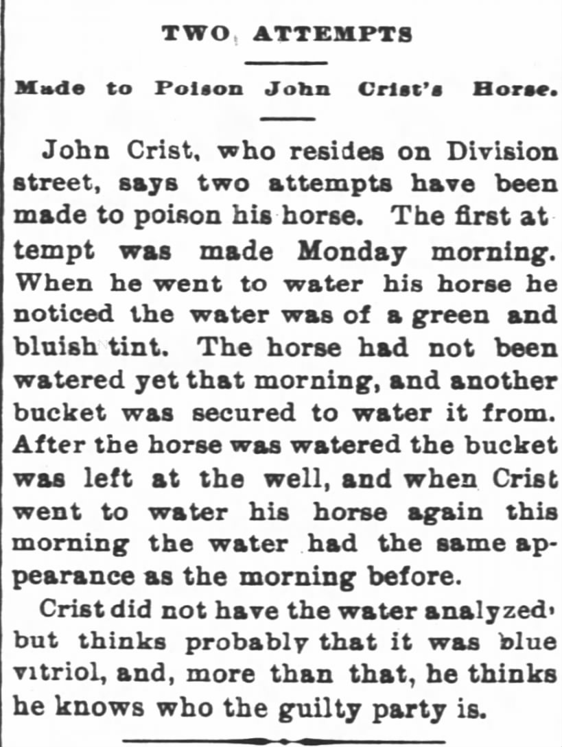 Crist, John (Daily Democrat, Huntington, Indiana; 17 Sep 1895, page 5)