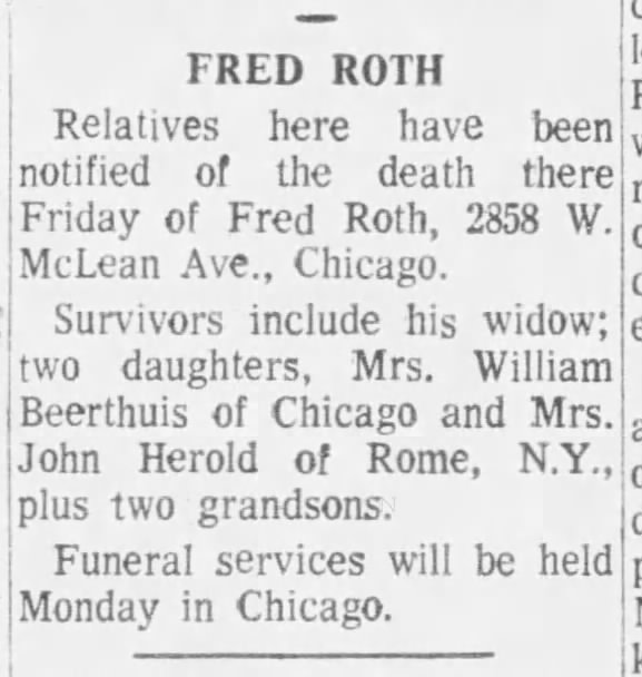 Fred Roth death notice